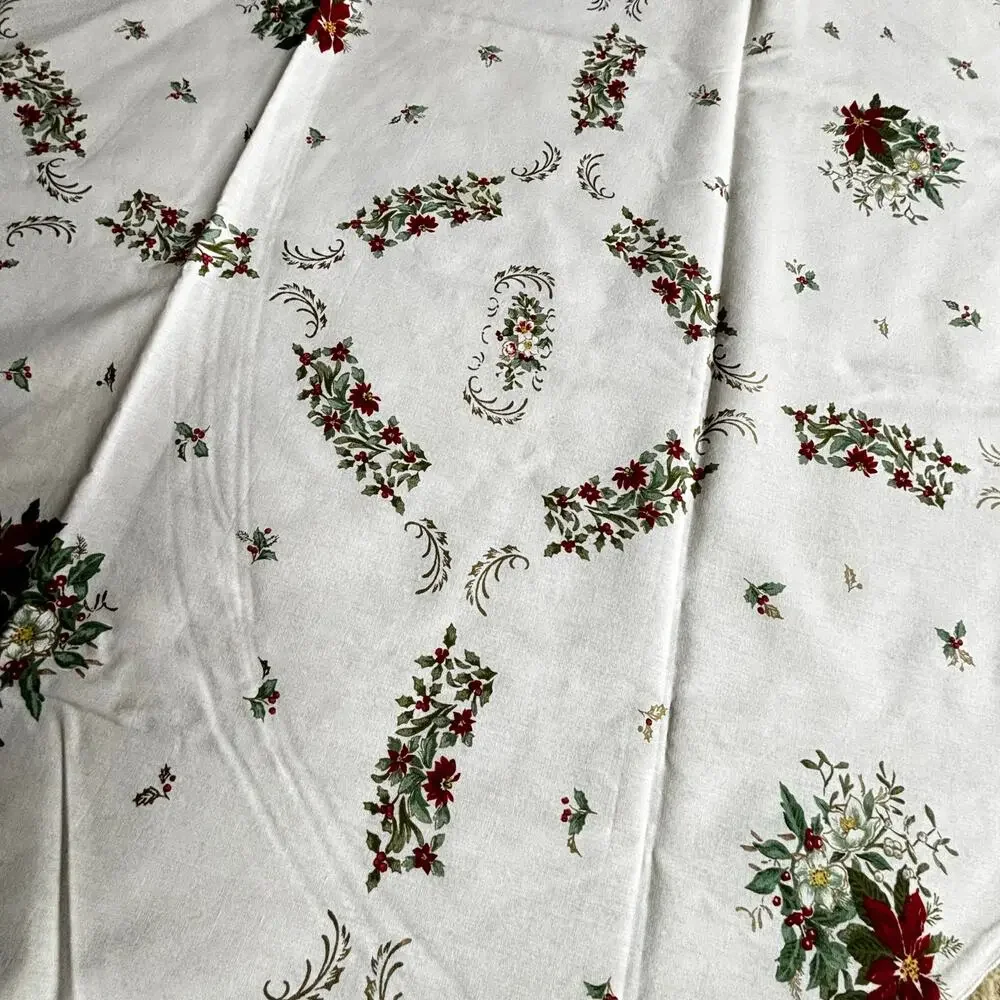 Vintage Christmas Holiday tablecloth red & green on BEIGE poinsettias & holly